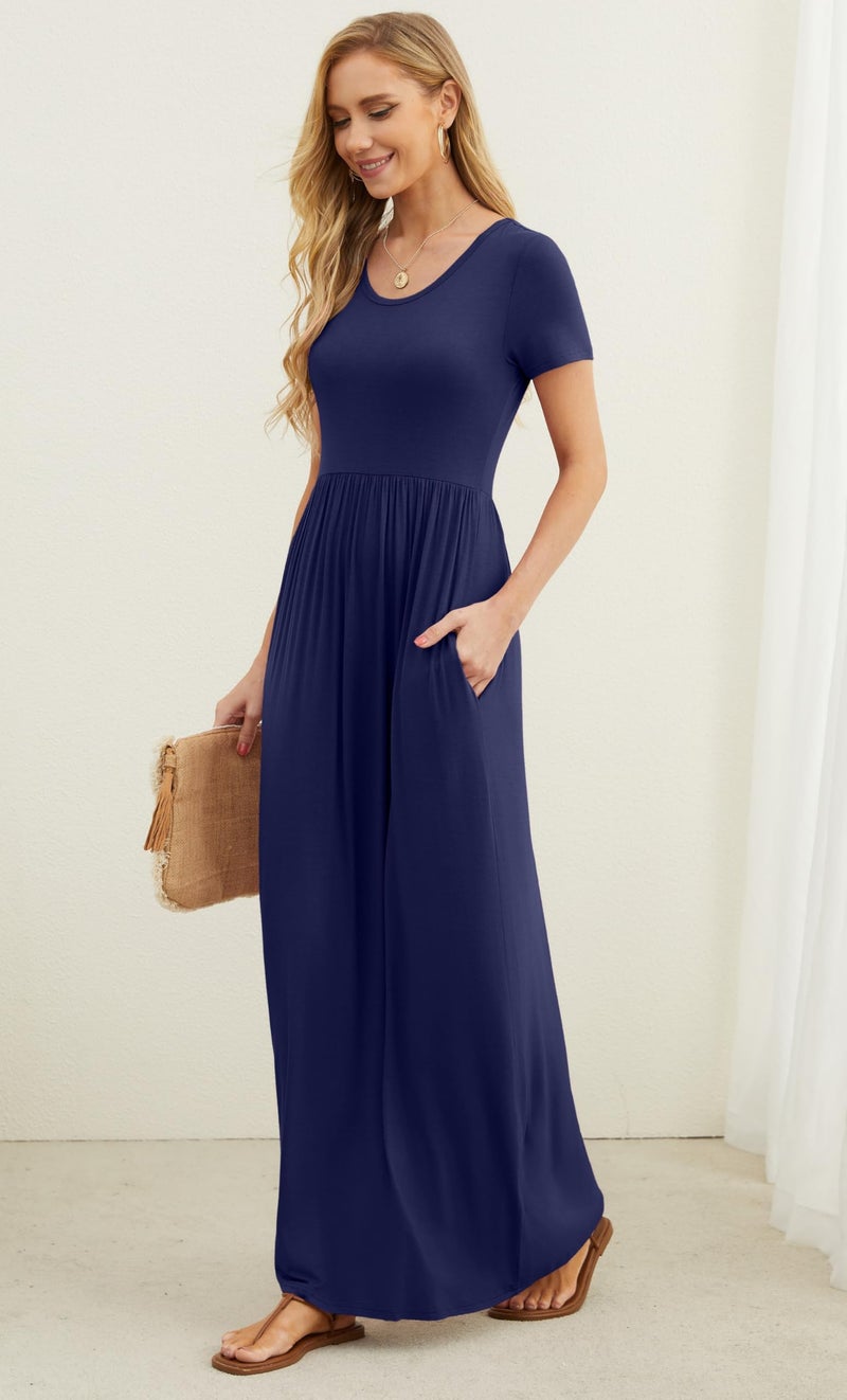 GRECERELLE Women Summer Crew Neck Casual Short Sleeve Long Maxi Dress with Pockets, Navy Blue, M - Image 3